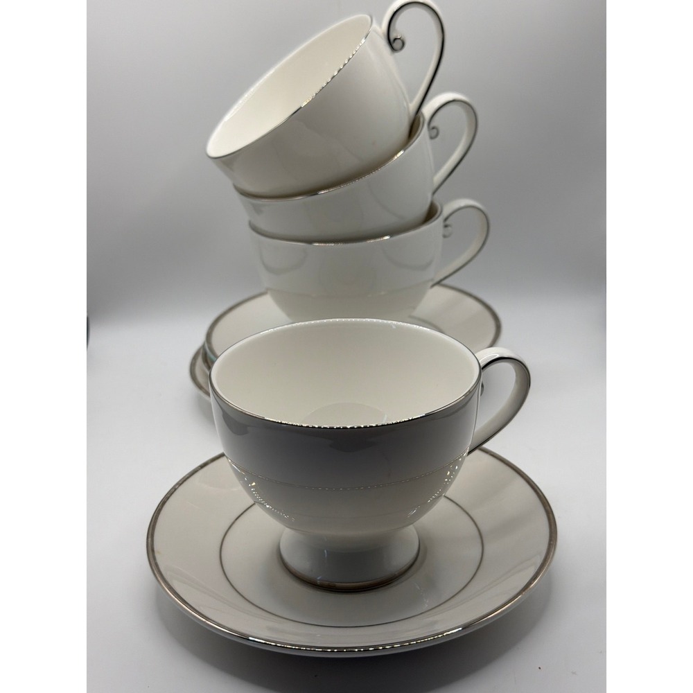 4 Mikasa "Cameo Platinum" Bone China Teacups 3" 8oz & Saucers 6"